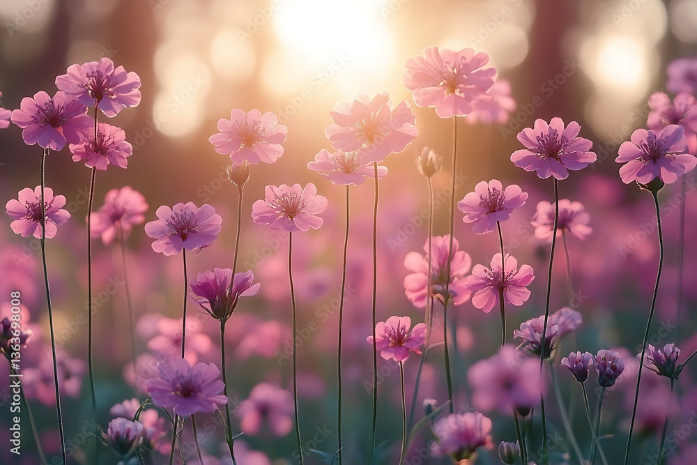 Fototapeta premium Beautiful Field of Pink Flowers Illuminated by Sunlight