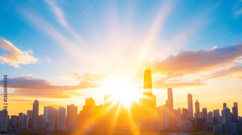 Naklejka premium Chicago skyline at sunset illuminated by bright golden sunlight