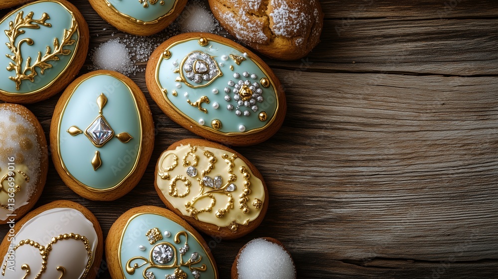 Easter-themed cookies decorated with gold and diamond accents, set on a rustic wooden table with sugar and baked goods. The right side is left empty for promotional text. Easter-themed cookies decorated with gold and diamond accents, set on a rustic wooden table with sugar and baked goods. The right side is left empty for promotional text.