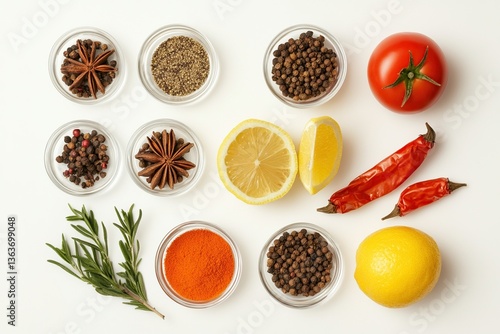 Wallpaper Mural Overhead shot of spices, herbs, lemon, tomato, and chili peppers. Torontodigital.ca