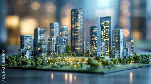 Detailed model of a modern city at night, showcasing high-rise buildings, lush greenery, and illuminated streets.