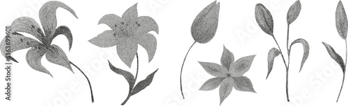 Grunge vintage leaves end flowers en halftones. Aesthetic graphic tattoo. Gothic punk poster.Trendy elements with retro photocopy effect.