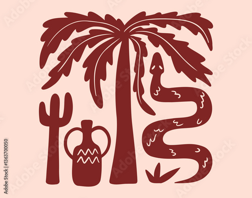Magic matisse boho doodle palm tree, snake animal, vase and cactus poster silhouette art 