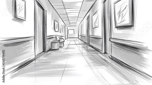 Sketch of a long hospital corridor with chairs and artwork.