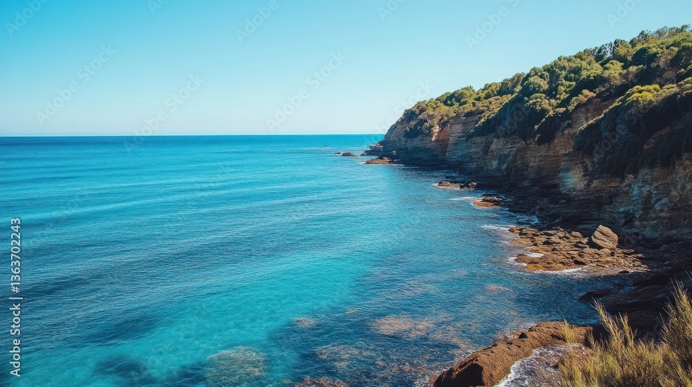 Fototapeta premium Idyllic coastline scenery with turquoise water and steep cliffs covered with vegetation