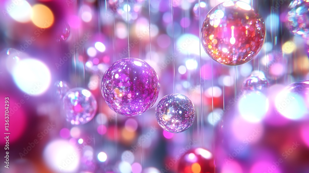 Shimmering pink and purple spheres hang in a dreamy, bokeh-filled background. Shimmering pink and purple spheres hang in a dreamy, bokeh-filled background.