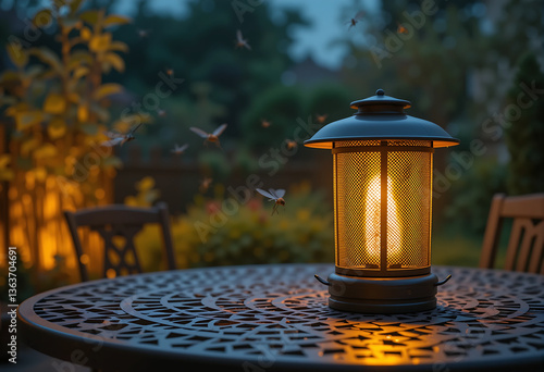 Orange insect zapper on patio table in the evening, emitting light while insects are attracted to it. Soft garden lights illuminate the relaxing garden atmosphere