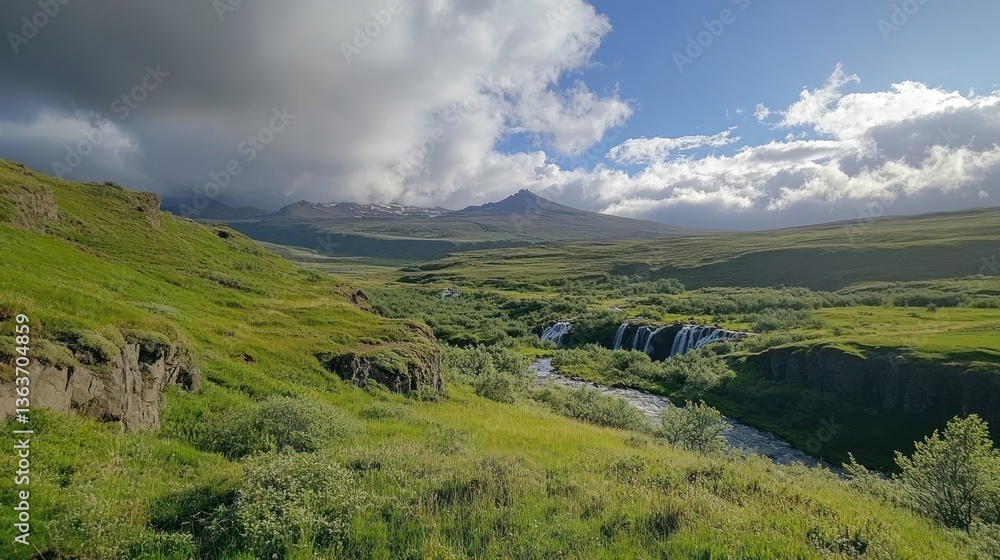 Fototapeta premium Serene Icelandic landscape with lush green hills and distant snow-capped mountain