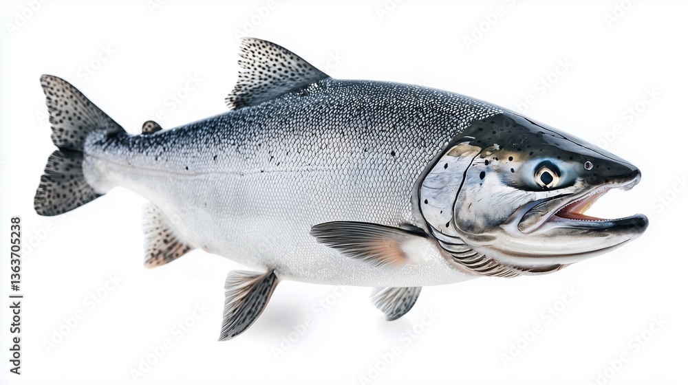 Naklejka premium A fresh Atlantic salmon displayed cleanly on a white background, ready for preparation or presentation.