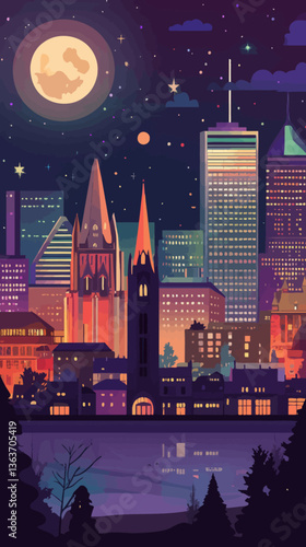 Montreal Night Skyline Retro Poster with Abstract Landmark Illustrations