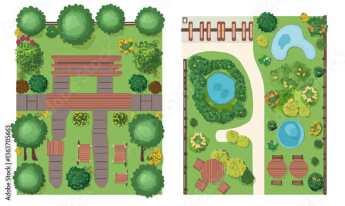 Flat Minimalist Garden Walkway with Outdoor Furniture and Trees Vector Illustration