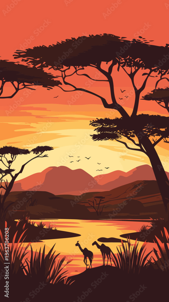 Serene African Sunset Landscape with Silhouetted Wildlife and Acacia Trees Serene African Sunset Landscape with Silhouetted Wildlife and Acacia Trees