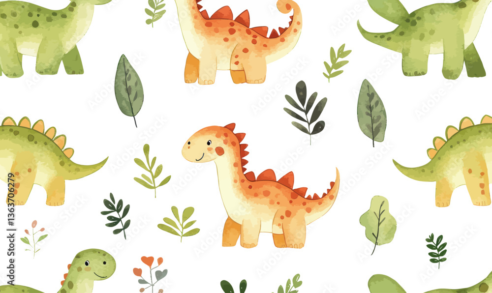 Obraz premium Cute Watercolor Baby Dinosaur Pattern for Kids in Minimalist Style
