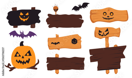 Wood Plank Halloween Sign Vector with Spooky Icons Including Bats and Pumpkins