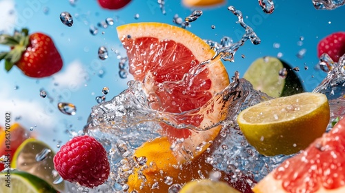 Fresh fruits splash in water with vibrant blue sky background.