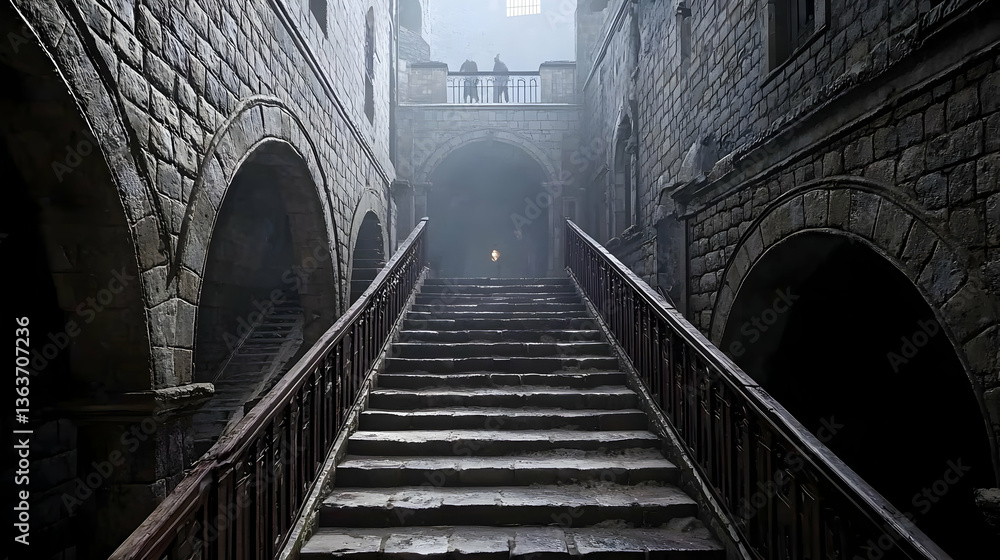 Obraz premium Ancient Stone Staircase Leads Through Dark Tunnel Lit with Light