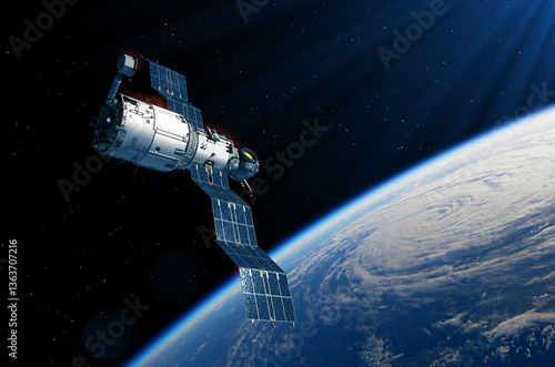Space station deploys solar panels over planet Earth. 3d illustration.