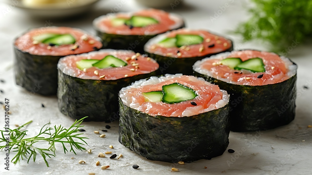 Delicious and freshly prepared sushi rolls with various ingredients are displayed Delicious and freshly prepared sushi rolls with various ingredients are displayed