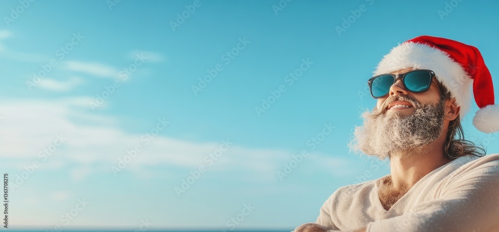 Obraz premium Person in santa hat and sunglasses gazing upward