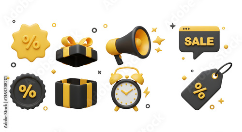 3D Black Friday sale set icon. Shopping promotion and discount. Megaphone, price tag, gift box and alarm clock with flash. Cartoon creative design icon isolated on white background. 3D Rendering