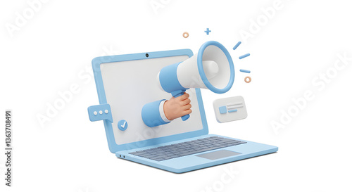 Wallpaper Mural 3D Hand holding Megaphone from a Laptop screen. Business Marketing concept. Announcement on social networks. Computer with loudspeaker. 3D Rendering Torontodigital.ca