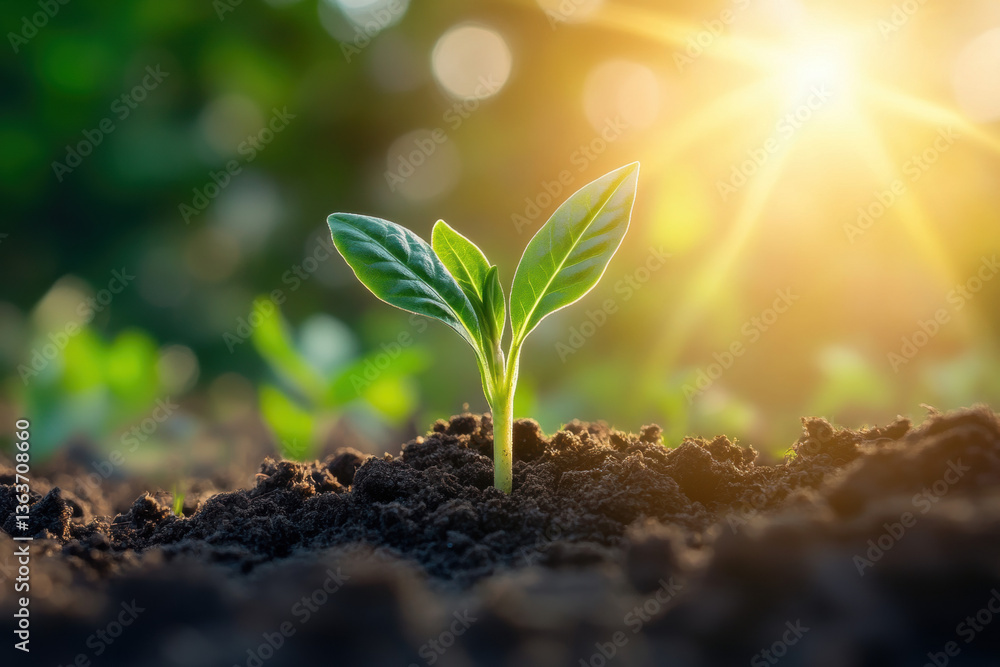 Green Seedling Growing in Rich Soil with Sunlight Green Seedling Growing in Rich Soil with Sunlight