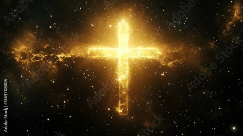Glowing golden cross in space.