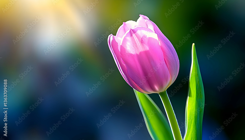 Naklejka premium Single pink tulip illuminated by sunlight against a blurred background