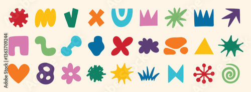 colorful organic doodle hand drawn colorful set. shapes and squiggles childish style. Abstract funny cute kids shapes elements. naive art