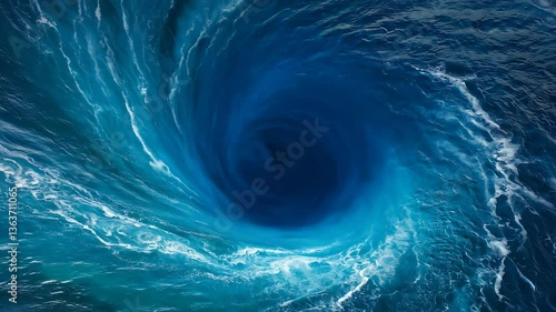 Dynamic ocean whirlpool swirl: captivating aerial motion series of energized vortex patterns in turbulent waters