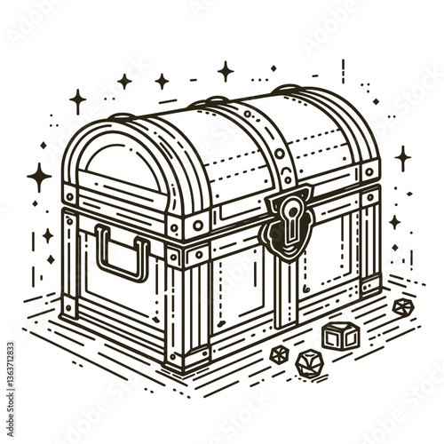 Detailed line drawing of a treasure chest with gems, adventurous and elegant
