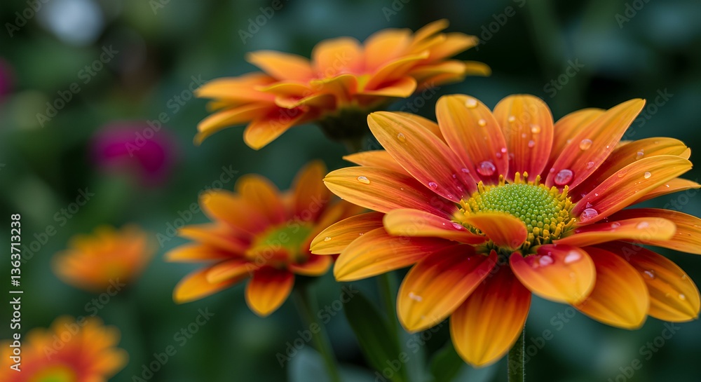 Vibrant Orange and Red Daisy Flower with Water Droplets Vibrant Orange and Red Daisy Flower with Water Droplets