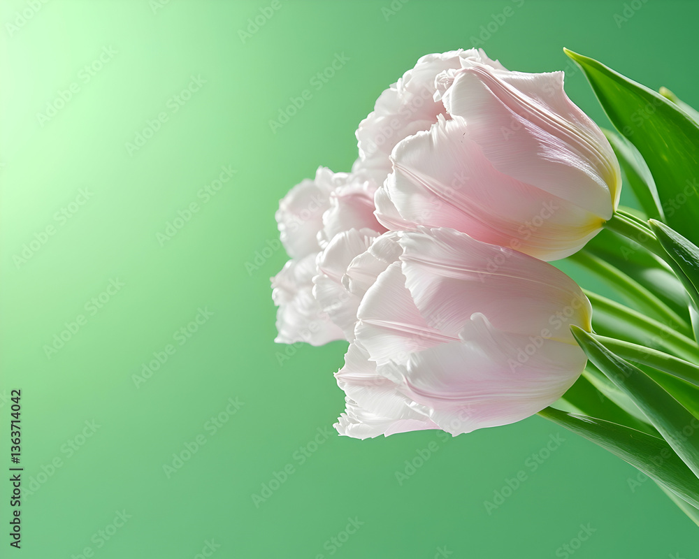Fototapeta premium Soft pink tulips against a green backdrop