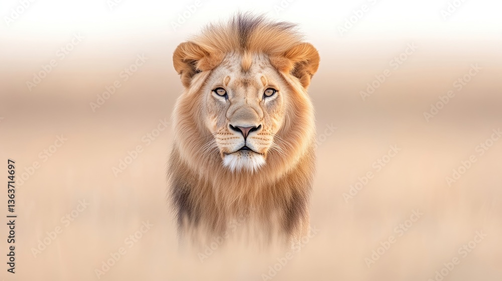 Majestic lion portrait in the savanna. A powerful male lion, centered in a golden savanna landscape, gazes directly at the viewer. Majestic lion portrait in the savanna. A powerful male lion, centered in a golden savanna landscape, gazes directly at the viewer.