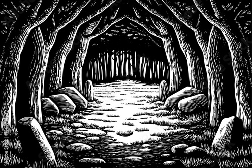 hand drawn Natural archway shaped by branches in the forest black and white sketch outline