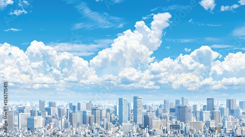 Cityscape, sunny day, fluffy clouds, urban sprawl, panoramic view, website banner