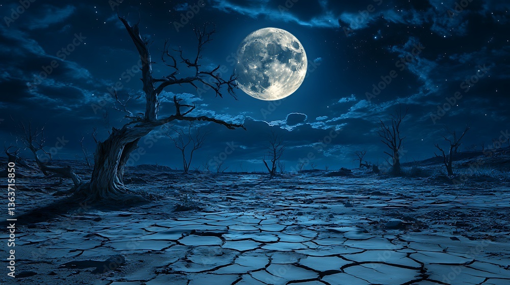 Fototapeta premium Desolate cracked landscape with a glowing full moon and barren leafless trees under a dark night sky