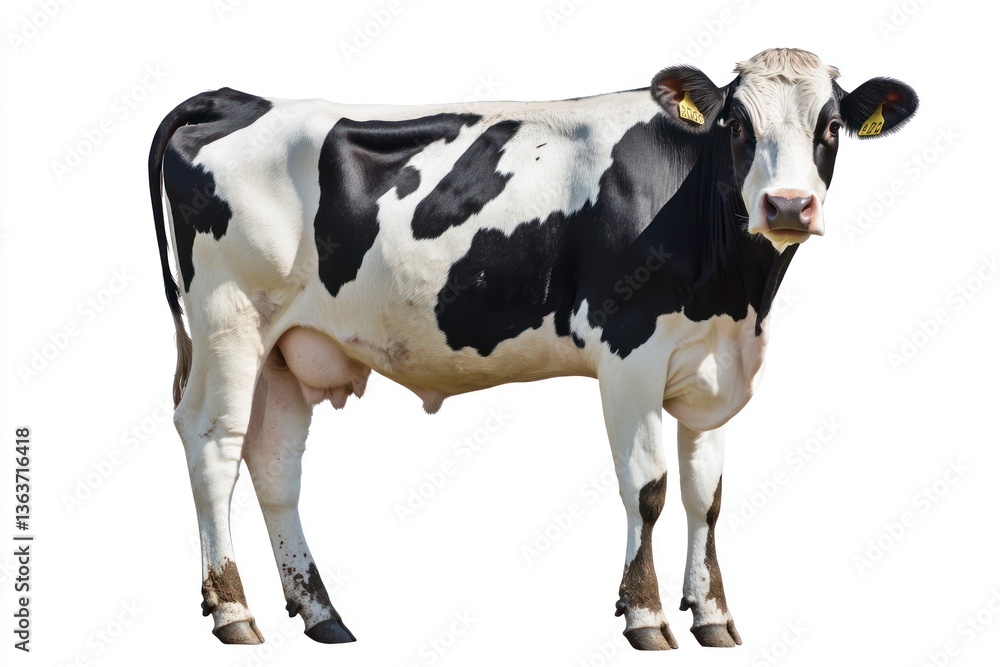 Dairy Cow Standing Black and White Spotted on White Background Dairy Cow Standing Black and White Spotted on White Background
