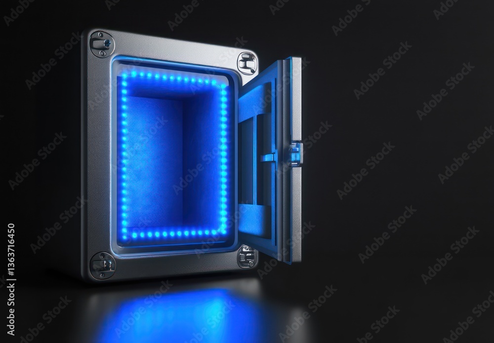 Open metallic safe, blue light, dark background, security concept Open metallic safe, blue light, dark background, security concept
