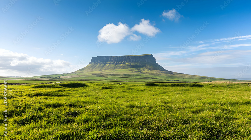 Fototapeta premium Flat Top Mountain Over Lush Green Field Under Partly Cloudy Blue Sky in Daylight