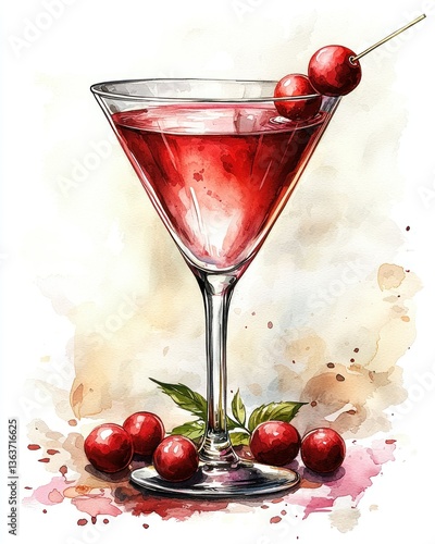Watercolor Painting of a Cosmopolitan Cocktail with Cherries