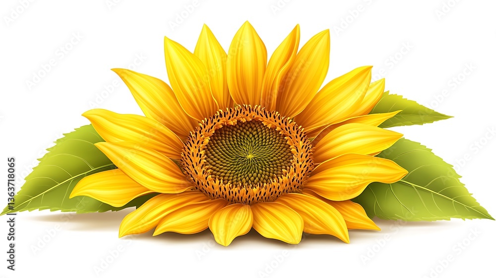 Fototapeta premium Bright yellow sunflower with a vibrant round center and lush green leaves, radiating summer warmth and natural beauty