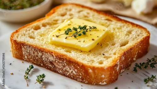 Deliciously Melting Butter on Freshly Sliced French Bread Infused with Aromatic Thyme on a Rustic Wooden Table