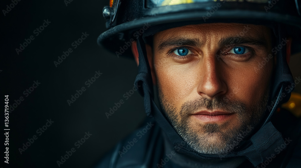 Handsome firefighter with striking blue eyes stands confidently in uniform against a dark backdrop, showcasing determination and readiness for duty Handsome firefighter with striking blue eyes stands confidently in uniform against a dark backdrop, showcasing determination and readiness for duty