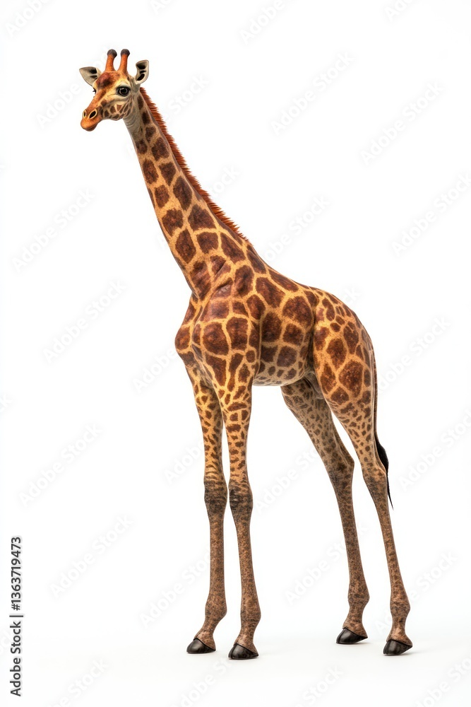 Naklejka premium Standing Giraffe Isolated on White Background with Natural Looking Spots