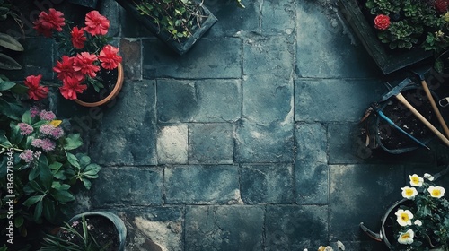 Fototapeta Naklejka Na Ścianę i Meble -  Top view of flowers in pots with gardening tools on a grey floor