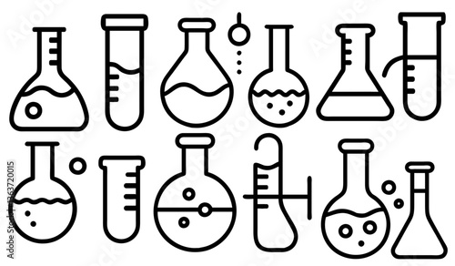 Chemical lab vector icon set. research illustration sign collection. Chemistry and biotechnology symbol. Chemistry doodle illustration including icons. 