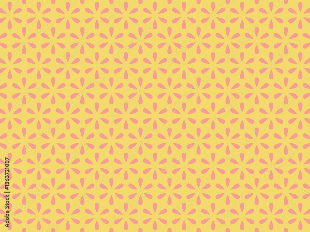 a repeating geometric pattern of stylized flowers in shades of pink and yellow. It has a simple, almost retro appearance. a repeating geometric pattern of stylized flowers in shades of pink and yellow. It has a simple, almost retro appearance.