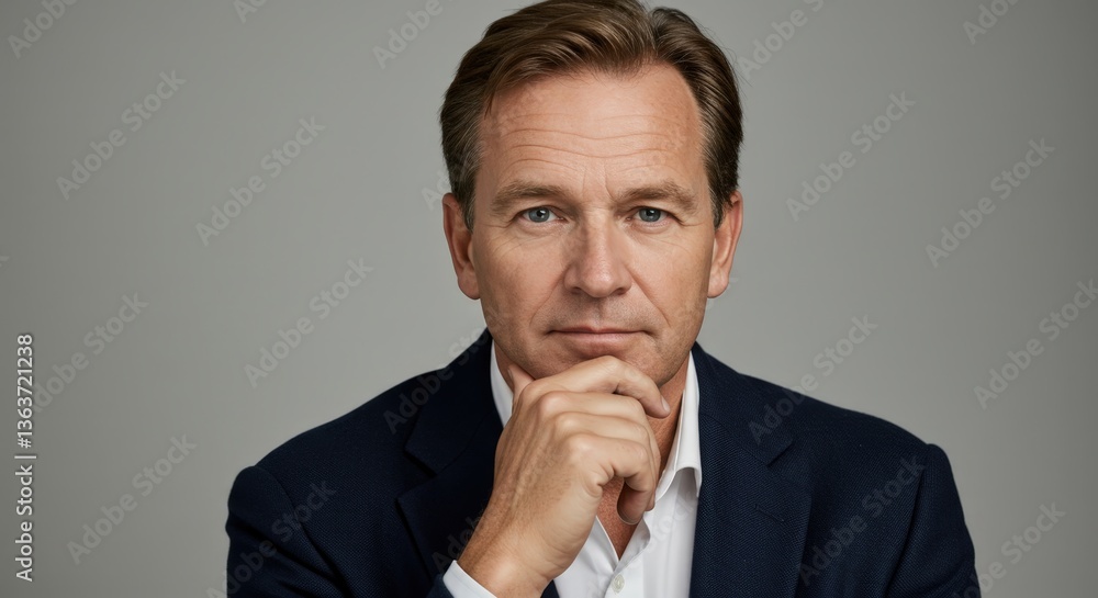 Professional portrait of middle-aged caucasian man in navy suit with thoughtful expression. Corporate headshot for business profile, leadership concept against neutral gray background. Professional portrait of middle-aged caucasian man in navy suit with thoughtful expression. Corporate headshot for business profile, leadership concept against neutral gray background.