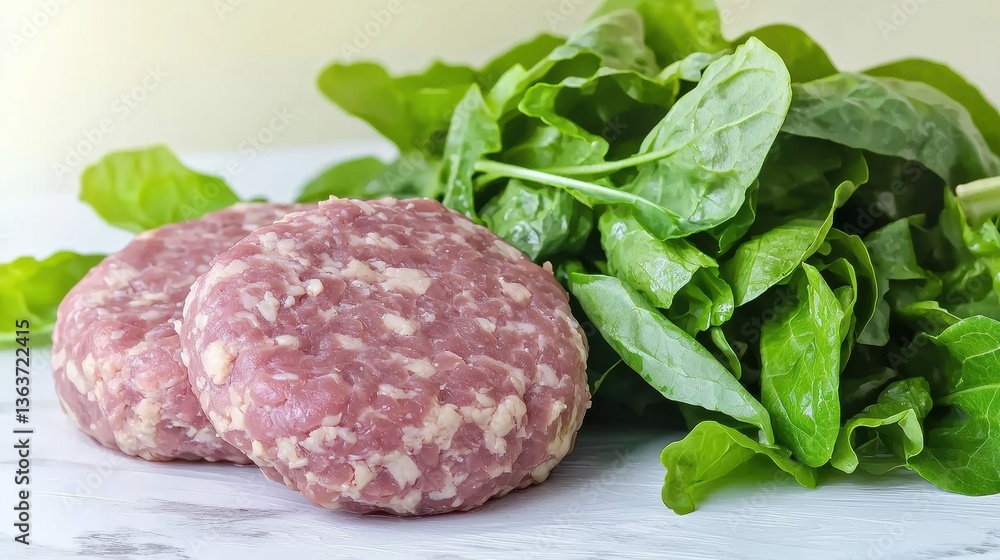 Cooking ground meat patties with fresh spinach home kitchen food preparation bright setting culinary inspiration Cooking ground meat patties with fresh spinach home kitchen food preparation bright setting culinary inspiration